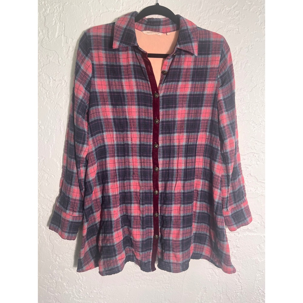 Soft Surroundings Womens Plaid Tunic Top Velvet Back Burnout Red Navy Blue Small - Picture 2 of 8
